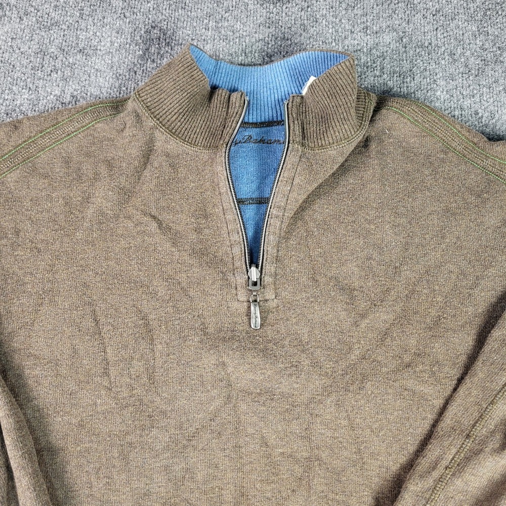 Tommy Bahama Mens XL Reversible 1/4 Zip Pullover Sweater Brown Blue 100% Cotton